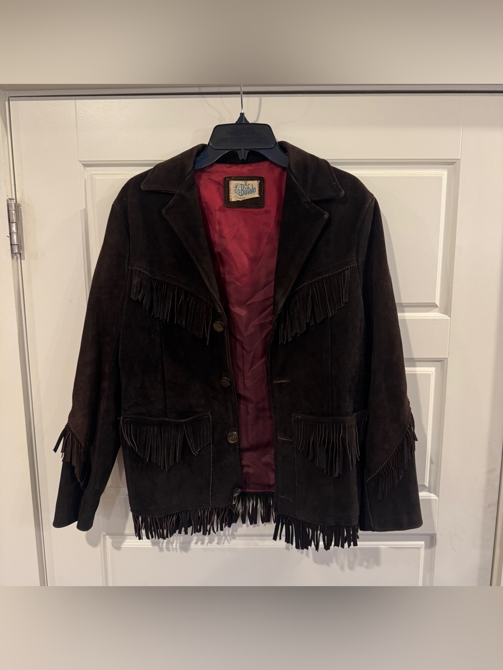 Vintage Western Bufalo Distressed Leather Jacket Fringe Made Mexico Dark Brown